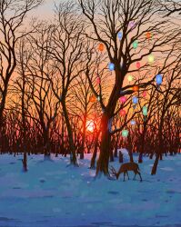  absurdres animal bare_tree chinese_commentary commentary_request deer evening fangpeii forest gradient_sky highres lantern nature no_humans orange_sky original outdoors paper_lantern scenery sky snow sun sunset tree winter 