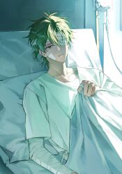  1boy absurdres antenna_hair bandage_over_one_eye bandaged_arm bandaged_head bandages bandaid bandaid_on_cheek bandaid_on_face bandaid_on_hand bed bed_sheet black_eyes black_hair blanket blonde_hair cheng_xiaoshi collarbone commentary_request dou_lwer eyepatch highres holding holding_blanket hospital_bed hospital_gown indoors injury intravenous_drip korean_commentary looking_at_viewer lying male_focus on_back on_bed one_eye_covered parted_lips pillow ponytail shiguang_dailiren shirt short_hair short_ponytail short_sleeves solo t-shirt under_covers upper_body white_shirt 