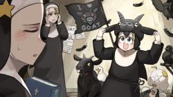  3girls :d bible_(object) bird blonde_hair blue_eyes chicken closed_eyes clumsy_nun_(diva) crow diva_(hyxpk) duck english_commentary feathers goat goat_hat highres little_nuns_(diva) mole mole_on_cheek multiple_girls note nun pentagram smile star_nun_(diva) star_ornament strict_nun_(diva) tongue tongue_out traditional_nun 