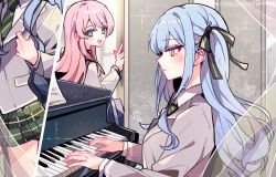  2girls bang_dream! bang_dream!_it's_mygo!!!!! black_ribbon blue_hair blush chihaya_anon chinese_commentary commentary_request diagonal-striped_clothes diagonal-striped_necktie fang green_necktie green_skirt grey_eyes hair_ribbon haneoka_school_uniform instrument kyou_039 light_particles long_hair long_sleeves multiple_girls music necktie open_mouth parted_lips pink_hair plaid_clothes plaid_skirt playing_instrument playing_piano pleated_skirt ribbon school_uniform sheet_music sidelocks skin_fang skirt striped_clothes togawa_sakiko yellow_eyes 