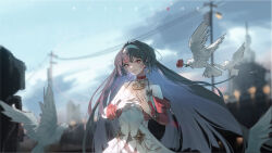  1girl absurdres astra_yao bare_shoulders bird black_hair blunt_sidelocks detached_sleeves dove dress earrings flower hairband highres jewelry long_hair muyu_bu_huahua outdoors red_eyes red_flower red_rose red_sleeves rose sidelocks smile uneven_bangs upper_body white_bird white_dress white_hairband zenless_zone_zero 
