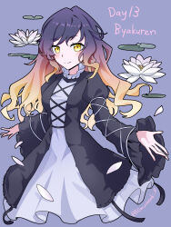 1girl aomurasaki_r black_dress blonde_hair blush character_name closed_mouth commentary cross-laced_clothes cross-laced_dress dress flower gradient_hair highres hijiri_byakuren layered_dress long_hair long_sleeves looking_at_viewer lotus multicolored_hair purple_background purple_hair smile solo touhou twitter_username white_dress yellow_eyes 