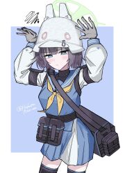  1girl :/ bag belt_pouch black_gloves blue_archive blue_eyes blue_sailor_collar blue_shirt blue_skirt blush breasts closed_mouth commentary_request gloves green_halo halo helmet highres hukuro_kasiwa long_sleeves medium_breasts miniskirt neckerchief pleated_skirt pouch purple_hair rabbit_pose sailor_collar saki_(blue_archive) school_uniform serafuku shirt short_hair skirt solo undershirt white_shirt yellow_neckerchief 