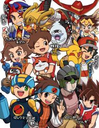  6+boys ahoge amano_keita arm_cannon ash_ketchum baseball_cap battle_spirits battle_spirits:_sword_eyes blonde_hair blue_headband blue_helmet blush_stickers bodysuit bringer_(battle_spirits) brown_eyes brown_hair card carrying cat character_request check_character check_copyright closed_eyes commentary_request copyright_name copyright_request cowboy_hat crossover dragon dragon_horns drum_bunker_dragon eyewear_on_head fingerless_gloves forked_eyebrows future_card_buddyfight ghost gloves green_eyes hanjuku1010 haramaki hat headband helmet heybot! heybot_(character) highres holding holding_card horns jacket jibanyan lan_hikari_(mega_man) male_focus mega_man_(series) mega_man_battle_network_(series) megaman.exe mikado_gaou multicolored_hair multiple_boys multiple_crossover nejiru_nejiiru netnavi notched_ear one_eye_closed open_mouth orange_eyes orange_vest partially_translated pikachu pokemon pokemon_(anime) pokemon_(creature) pokemon_journeys princess_carry red_eyes red_hair red_shirt robot scarf shirt short_hair short_sleeves siblings simple_background smile sunglasses tail tatewaki_tsurugi trading_card translation_request two-tone_hair upper_body vest visor_(armor) weapon whisper_(youkai_watch) white_background white_shirt yellow_scarf youkai_(youkai_watch) youkai_watch 