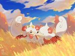  artist_name autumn blue_sky chikafuji closed_mouth clouds cloudy_sky commentary_request day falling_leaves fangs field ginkgo_leaf grass hair_over_eyes highres hisuian_growlithe leaf no_humans pokemon pokemon_(creature) sky smile tongue tongue_out tree twitter_username watermark 
