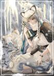  1girl absurdres animal animal_ears arknights bell blue_eyes blue_ribbon braid breasts bright_pupils cloak dress forest grey_hair grey_thighhighs hair_ornament highres holding holding_bell indoors jewelry kawausoman kjerag_logo leopard_ears leopard_girl leopard_tail long_hair long_sleeves nature necklace pramanix_(arknights) ribbon side_braids signature sitting small_breasts snow_leopard snowing solo sun sunlight sunrise tail thigh-highs tiara turtleneck watch watch white_dress white_hair white_pupils winter 