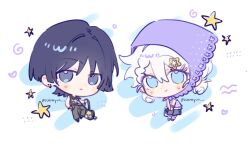  1boy 1girl :< alternate_costume arm_at_side bag black_bag black_hair black_tank_top blue_eyes blunt_ends blush bracelet braid braided_bangs bright_pupils casual chibi chibi_only choppy_bangs closed_mouth contemporary double_bun earrings full_body genshin_impact grey_eyes grey_pants grey_shorts hair_between_eyes hair_bun hair_intakes hair_ornament hairclip hand_in_pocket hand_up handbag headscarf heart highres holding holding_bag jewelry looking_at_viewer medium_hair oc_x_canon original pants plaid_clothes plaid_shirt purple_shirt purple_shoes scaramouche_(genshin_impact) shirt shoes shorts smile socks star_(symbol) star_hair_ornament swirl tank_top twitter_username white_background white_bag white_pupils white_socks yunhhj 