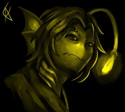  1boy aegyo_sal anglerfish_boy black_sclera colored_sclera extra_eyes fake_alex fins gills grin head_fins highres limited_palette monochrome pressure_(roblox) sebastian_solace short_hair smile solo textless_version upper_body 