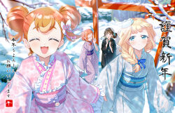  4girls :3 :d absurdres alternate_hairstyle beret black_hair black_kimono blonde_hair blue_eyes blue_kimono blurry blurry_background bow braid braided_ponytail chinese_zodiac closed_eyes depth_of_field double_bun dress earrings facing_another facing_viewer floral_print frilled_sleeves frills hair_bow hair_bun hair_over_shoulder hair_up happy_new_year hat hatsumoude highres holding_hands inukai_iroha inukai_komugi japanese_clothes jewelry kimono kimono_dress kotoyoro light_frown long_sleeves looking_at_another looking_at_viewer multiple_girls nekoyashiki_mayu nekoyashiki_yuki new_year obi open_mouth pink_kimono precure print_kimono purple_kimono red_hair rice_rabbit22 sash short_dress single_braid single_side_bun smile snow tilted_headwear torii translated violet_eyes white_hat wide_sleeves wonderful_precure! year_of_the_horse 