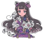  1girl :&lt; animal animal_ears animal_print black_hair blue_eyes blunt_bangs cat_ears cat_tail chinese_clothes closed_mouth cropped_torso dress fake_animal_ears flower hair_flower hair_ornament holding holding_animal kurosu_aroma long_hair looking_at_viewer pretty_(series) pripara purple_dress purple_flower rituyama1 signature simple_background solo standing tail tassel tiger_print wavy_hair white_background 