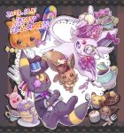  bright_pupils candy candy_wrapper clothed_pokemon commentary cup cupcake dated doughnut eevee espeon food fork halloween happy_halloween hat highres holding holding_fork ichino_cco lollipop monocle no_humans plate pokemon pokemon_(creature) purple_headwear teacup teapot umbreon violet_eyes white_pupils 
