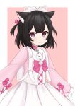  1girl :3 absurdres animal_collar animal_ear_fluff animal_ears animal_hat backpack bag bell black_hair cat_ears cat_girl cat_hat collar commentary dress eyebrows_hidden_by_hair hat highres indie_virtual_youtuber jingle_bell meika_nekoya mikoscrub pink_collar pleated_dress short_eyebrows sleeves_past_fingers sleeves_past_wrists smile solo two-tone_dress two_side_up upper_body violet_eyes 