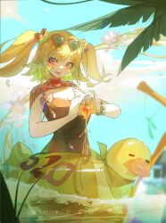  1girl absurdres alternate_costume blonde_hair burnice_white chinese_commentary commentary_request day dress duck_innertube eyewear_on_head flower heart heart-shaped_eyewear heart_hands highres innertube looking_at_viewer muyu_bu_huahua orange_eyes outdoors red_dress short_twintails smile solo swim_ring twintails zenless_zone_zero 
