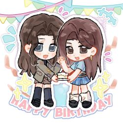  2girls black_shirt black_shoes black_thighhighs blue_eyes blue_shirt blue_skirt blush brown_eyes brown_hair brown_jacket brown_skirt cake commentary_request dual_persona dui_wu_ke_jiu_yao_de_zuotian_shuo_zaijian. earrings food hair_behind_ear happy_birthday holding holding_plate jacket jewelry k-pop long_hair looking_at_viewer multiple_girls notice_lines open_mouth plate real_life sana_(twice) shirt shoes short_sleeves skirt smile solo thigh-highs twice_(group) 