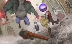  2boys 2girls abella_(fear_&amp;_hunger) adjustable_wrench ai-generated_art_(topic) amputee artist_name bandages belt black_shoes black_vest blue_pants bomber_jacket boots brown_boots brown_tank_top commentary daan_(fear_&amp;_hunger) emoji english_commentary eyepatch fear_&amp;_hunger_(series) fear_&amp;_hunger_2:_termina green_jacket green_jumpsuit grey_eyes highres imminent_attack incoming_attack jacket jumpsuit knee_boots long_hair looking_at_viewer magic marcoh_(fear_&amp;_hunger) marina_(fear_&amp;_hunger) medical_eyepatch meme moon moon_with_face multiple_boys multiple_girls officer_flying_pov_(meme) on_ground overalls pants pink_skirt pipe_wrench pocketbee quadruple_amputee red_hair shirt_tucked_in shoes sitting skirt tank_top vest whip_(dance) wrench yellow_overalls 