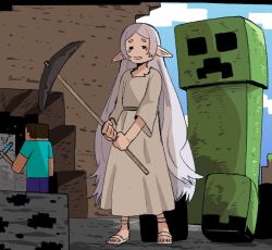  1boy 1girl blue_sky clouds cloudy_sky creeper crying dress elf frieren height_difference hill long_hair minecraft_pickaxe mining pickaxe pointy_ears sky slippers sousou_no_frieren steve_(minecraft) very_long_hair wanderjegson white_dress white_hair 