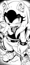  1girl animal_ears animal_nose belt bracelet dripping earrings electricity electrokinesis eyelashes gloves hair_down highres ireading jewelry long_hair monochrome pants ring sharp_teeth shoes sonic_(series) sonic_the_hedgehog_(idw) studded_bracelet surge_the_tenrec tank_top teeth tenrec_girl tongue tongue_out wet 