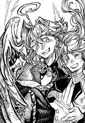  2girls absurdres ange_katrina ange_katrina_(1st_costume) carrying carrying_person commentary_request floating_hair greyscale hair_between_eyes hair_intakes hatching_(texture) highres linear_hatching lize_helesta lize_helesta_(1st_costume) long_hair monochrome multiple_girls neckerchief nijisanji open_mouth princess_carry shou-star skirt smile traditional_media virtual_youtuber wings 