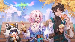 1boy 1girl absurdres bench black_hair bubble_tea building camera choker commentary dan_heng_(honkai:_star_rail) dan_heng_(hunt)_(honkai:_star_rail) doughnut earrings elf_exar english_commentary flower food green_eyes hair_between_eyes hashtag-only_commentary highres honkai:_star_rail honkai_(series) jacket jewelry leaf long_sleeves march_7th_(honkai:_star_rail) march_7th_(preservation)_(honkai:_star_rail) mascot medium_hair multicolored_eyes off_shoulder open_clothes open_jacket outdoors pink_hair pom-pom_(honkai:_star_rail) shirt short_hair single_earring turtleneck two-tone_eyes zipper 