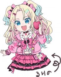  1girl animal_print arrow_(symbol) black_choker blonde_hair blue_eyes blue_hair bow bowtie box cellphone ceras_yanagida_lilienfeld character_charm character_name charm_(object) choker collarbone collared_shirt cropped_legs curtained_hair facial_mark fang flip_phone frilled_jacket frilled_skirt frills game_cg gift gradient_hair gyaru hair_bow hair_ornament hairclip heart heart-shaped_box heart_choker heart_facial_mark heart_hair_ornament heisei_gals!!!!_(love_live!) holding holding_gift jacket kachimachi_kosuzu kogal leopard_print link!_like!_love_live! loose_bowtie love_live! midriff miniskirt mizuki_maya multicolored_hair murano_sayaka non-web_source official_art open_clothes open_collar open_jacket osawa_rurino parallel_hairclips parted_bangs phone pink_bow pink_bowtie pink_jacket pink_skirt print_bow print_bowtie school_uniform self-datamine shirt simple_background skirt solo tied_shirt translated transparent_background twintails virtual_youtuber white_shirt 