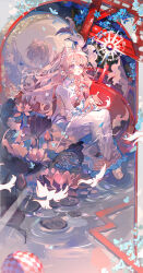  1girl absurdres ahoge bird blue_flower blush cone_hair_bun different_reflection dress earrings eyelashes flower full_body gem hair_between_eyes hair_bun hair_ornament highres jewelry liu_letian long_hair long_sleeves looking_afar lotus open_mouth original pearl_(gemstone) pearl_hair_ornament pink_hair reflection ripples sidelocks teeth upper_teeth_only violet_eyes water white_dress 