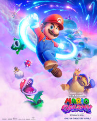  1boy blue_eyes blue_overalls brown_hair castle clouds commentary company_name copyright_name english_commentary facial_hair full_body gloves hat highres koopa_paratroopa lakitu lakitu's_cloud mario midair movie_poster_(medium) mustache official_art open_mouth overalls piranha_plant red_hat sharp_teeth shirt sledge_bro spike_(mario) spiny super_mario_bros. teeth the_super_mario_galaxy_movie white_gloves 