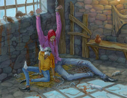  2boys animal_on_shoulder arms_up blonde_hair chain cuffs donquixote_rocinante facial_hair goatee hand_tattoo handcuffs hat jar key male_focus mouse_(animal) multiple_boys one_piece pink_shirt prison_cell reliliya shirt short_hair sitting table tattoo trafalgar_law white_hat yellow_shirt 