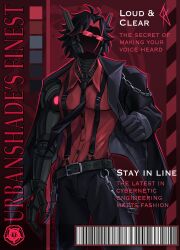  1boy belt black_gloves black_hair black_jacket black_necktie chain character_request collared_shirt color_guide colored_inner_hair contrapposto cowboy_shot english_text fake_alex fang glasses gloves highres jacket magazine_(object) male_focus mechanical_arms multicolored_hair necktie outline pressure_(roblox) red_outline red_shirt shirt short_hair single_mechanical_arm skin_fang solo suspenders 