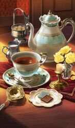  after_time_valentine_2026 candle candlestand candy chocolate commentary_request cup drink fate/grand_order fate_(series) flower food food_focus indoors kuwabara_(lasengle) milk no_humans official_art pitcher_(container) plate saucer still_life tea tea_set teacup teapot teaspoon third-party_source yellow_flower 