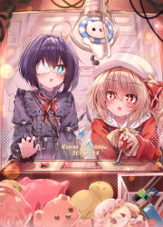  +_+ 2girls absurdres alternate_costume alternate_headwear black_dress blonde_hair blush bow bowtie chinese_commentary commentary_request crane_game crossover dated dress english_text flandre_scarlet hat highres long_sleeves multiple_girls open_mouth red_eyes red_shirt school_uniform shirt stuffed_animal stuffed_toy takanashi_rikka teddy_bear top-exerou touhou white_hat yellow_bow yellow_bowtie 