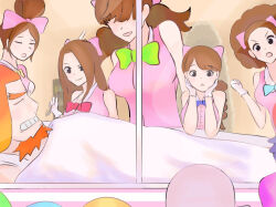  afro blue_bow bow brown_hair charlotte_akimeg charlotte_allmeg charlotte_fuyumeg charlotte_harumeg charlotte_nutmeg charlotte_oven commentary_request green_bow long_hair one_piece orange_hair pink_bow ponytail red_bow ribbon shirt short_twintails sick sleeveless sleeveless_shirt twintails under_covers user_mdvh5523 yellow_bow 