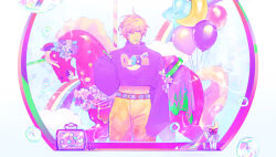  1boy absurdres balloon blonde_hair bubble bubble_pipe commentary_request cosmetics crescent_balloon detached_carousel_horse heart heart_sticker high_heels highres isshiki_suzu kurosawa_(adelta) long_sleeves makeup makeup_palette male_focus midriff nail_polish official_art pants pink_theme print_sweater purple_sweater rainbow star_balloon sticker sweater unicorn uuultra_c yellow_pants 