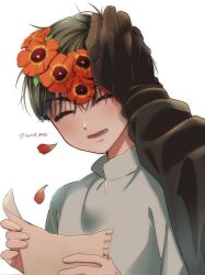  2boys alien_stage birthday black_gloves black_hair closed_eyes commentary_request fang flower garena_0592 gloves hand_on_another's_head head_wreath highres holding holding_paper ivan_(alien_stage) male_focus multiple_boys open_mouth paper petals pov red_flower red_petals shirt signature smile solo_focus till_(alien_stage) white_shirt 