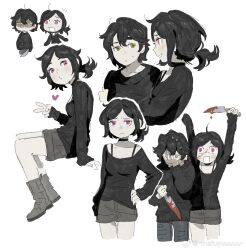  1boy 1girl :/ andrew_graves ankle_boots annoyed arms_up ashley_graves black_choker black_hair black_sweater blood blood_on_face blood_on_knife blush boots bra_strap breasts brother_and_sister chibi chibi_inset chinese_commentary choker closed_mouth commentary_request covering_face cowlick denim dot_nose double-parted_bangs frown green_eyes grey_boots grey_pants grey_shorts grin hair_between_eyes hand_on_own_hip heart highres holding holding_knife invisible_chair jeans knife long_sleeves looking_at_another loose_hair_strand low_ponytail ma_fu multiple_views notice_lines o3o pale_skin pants parted_hair pink_eyes ponytail shaded_face short_hair short_ponytail shorts siblings side_ponytail sidelocks simple_background sitting sleeves_past_wrists small_breasts smile sweat sweatdrop sweater the_coffin_of_andy_and_leyley thick_eyebrows v watermark weibo_watermark white_background wide-eyed 