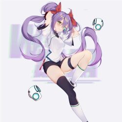  1girl :3 absurdres ahoge arms_behind_head arms_up asymmetrical_legwear black_gloves black_shorts black_thighhighs blush bow breasts closed_mouth gloves green_eyes hair_between_eyes hair_bow hair_ribbon highres knee_up kneehighs long_hair looking_at_viewer medium_breasts original purple_hair red_bow red_ribbon ribbon scouter second-party_source shirt shoes short_shorts short_sleeves shorts simple_background single_kneehigh single_sock single_thighhigh small_breasts smile socks solo sylvia_(huajiuhuajiu) thigh-highs thigh_strap thighs tinted_eyewear twintails uneven_legwear very_long_hair white_background white_shirt white_socks wulala_(vtuber) 