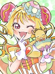  1girl ;d back_bow blonde_hair bow bowl bowtie brooch bun_cover commentary_request cure_yum-yum delicious_party_precure dragon dress gloves hair_bun hair_rings hanamichi_ran heart heart_brooch highres holding holding_bowl huge_bow jewelry kengo_kumaxile looking_at_viewer magical_girl mem-mem_(precure) multicolored_bow one_eye_closed open_mouth orange_dress precure smile solo triple_bun upper_body v v_over_mouth violet_eyes white_gloves yellow_bow yellow_bowtie 
