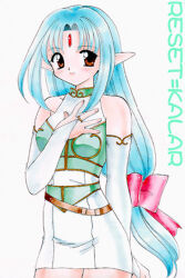  1girl aged_up bad_id belt blue_hair bow bridal_gauntlets brown_belt brown_eyes character_name closed_mouth cowboy_shot curtained_hair dress forehead_jewel green_dress halter_dress halterneck hand_on_own_chest hand_up kalar_(race) kanekiyo_miwa kichikuou_rance long_hair looking_at_viewer low-tied_long_hair mandarin_collar pencil_dress pointy_ears rance_(series) red_bow reset_kalar short_dress simple_background sleeveless sleeveless_dress smile solo standing two-tone_dress very_long_hair white_background white_bridal_gauntlets white_dress 