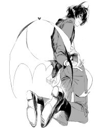  1boy bags_under_eyes belt character_request chinese_commentary closed_mouth collared_shirt commentary_request copyright_request demon_boy demon_horns demon_tail demon_wings double-parted_bangs dress_shoes full_body geryiwig greyscale hair_between_eyes heart highres holding_own_tail horns jacket kneeling long_sleeves looking_at_viewer looking_back low_wings male_focus mole mole_under_eye monochrome pants pointy_ears reaching reaching_towards_viewer shirt short_hair simple_background slit_pupils smile socks solo tail white_background wings 