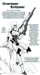  1girl absurdres alien armor beam_rifle blue_eyes boobplate breasts cape claws colored_skin commentary_request energy_gun english_text fewer_digits genderswap genderswap_(otf) grey_armor grey_skin gun helldivers_(series) highres holding holding_gun holding_weapon huge_weapon humanization illuminate_(helldivers) joints knee_pads light_smile long_legs looking_at_viewer medium_breasts one-eyed overseer_(helldivers) pauldrons short_hair shoulder_armor sitting solo torn_cape torn_clothes virgin_and_neet weapon white_cape white_hair 