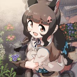 1girl animal_ears apron black_hair brown_eyes collar collared_peccary_(kemono_friends) commentary_request dress extra_ears flower gloves hair_ornament highres kemono_friends long_hair looking_at_viewer mcgunngu neck_ribbon outdoors ribbon shoes sitting skirt solo tail 
