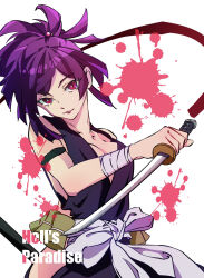  1girl arm_strap blood blood_splatter breasts closed_mouth clothing_cutout commentary copyright_name cowboy_shot head_tilt highres hip_vent holding holding_sword holding_weapon japanese_clothes jigokuraku kengo_kumaxile kodachi looking_at_viewer medium_breasts medium_hair ninja ponytail purple_hair red_eyes reverse_grip sash short_sword smile solo standing sword weapon white_background white_sash yuzuriha_(jigokuraku) 