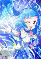  1girl aokaze_nana bare_shoulders blue_dress blue_gem blue_hair blue_ribbon blue_theme blue_wrist_cuffs choker collar collarbone commentary cure_wink detached_collar dress english_commentary flat_chest floating_hair gem gem_hair_ornament hair_ribbon hairband hand_on_own_chest headset heart heart-shaped_hair highres idol_heart_brooch_(precure) idol_heart_incom kimi_to_idol_precure long_hair magical_girl multicolored_hair one_eye_closed open_mouth photobomb plaid_ribbon precure purirun_(fairy)_(precure) purirun_(precure) purple_background purple_hair ribbon ribbon_choker rice_rabbit22 smile solo strapless strapless_dress streaked_hair teeth two-tone_hair upper_teeth_only very_long_hair violet_eyes white_collar white_hairband wrist_cuffs 