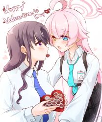  2girls ahoge black_hair black_skirt blue_archive blue_eyes blue_necktie box candy chocolate collared_shirt eye_contact female_sensei_(blue_archive) food halo happy_valentine heart heart-shaped_box heart-shaped_chocolate heart-shaped_food heterochromia holding holding_box hoshino_(blue_archive) long_hair long_sleeves looking_at_another mouth_hold multiple_girls necktie open_mouth pink_hair pink_halo rarasa_(rarasa) sensei_(blue_archive) shirt skirt violet_eyes white_shirt yellow_eyes 