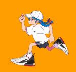  1girl air_max bandaid bandaid_on_face bandaid_on_nose baseball_cap black_shorts blue_hair braid closed_mouth floating_hair from_side full_body hair_ribbon hand_up hat highres nao97122 nike orange_background original pink_ribbon profile ribbon running shirt shoes short_sleeves shorts simple_background sneakers socks solo t-shirt triple_vertical_stripe twin_braids violet_eyes white_footwear white_headwear white_shirt white_socks 