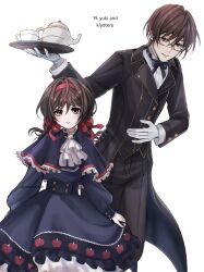  1boy 1girl ascot black_jacket black_pants black_vest blue_bow blue_bowtie blue_capelet blue_dress bow bowing bowtie brown_eyes brown_hair butler butler_bowing capelet character_name child cup dress english_commentary glasses gloves gold_trim hair_bow hairband highres hiyama_kiyoteru holding holding_tray jacket jewelry kaai_yuki lolita_fashion looking_at_viewer low_twintails pants red_bow red_hairband red_trim rozenseraph semi-rimless_eyewear shirt short_hair tailcoat teacup teapot tray twintails vest vocaloid white_ascot white_background white_gloves white_shirt white_trim yellow_eyes 
