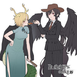  2girls alternate_costume antlers artist_name between_fingers black_hair black_jacket black_pants black_wings blonde_hair breasts breath_weapon breathing_fire brown_hat china_dress chinese_clothes cigarette collared_shirt commentary_request commission cowboy_hat crossdressing crossdressing_(ftm) dragon_girl dragon_horns dragon_tail dress feathered_wings fire folded_fan folding_fan gradient_clothes gradient_dress green_dress green_scales hand_fan hand_on_own_hip hat highres holding holding_cigarette holding_fan horns horse_tail jacket jacket_on_shoulders kicchou_yachie kurokoma_saki lighting_cigarette long_sleeves looking_at_viewer medium_breasts multiple_girls mundane_utility necktie pants pelvic_curtain red_eyes red_necktie shirt short_hair short_sleeves side_slit simple_background small_breasts smile suit suit_jacket tail touhou white_background white_shirt wings youpofen 