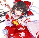 1girl aburidashi_zakuro ascot bow brown_hair chest_sarashi clouds detached_sleeves fang frilled_bow frilled_hair_tubes frills gohei hair_bow hair_tubes hakurei_reimu highres holding holding_ofuda long_hair looking_at_viewer ofuda open_mouth red_bow red_skirt ribbon-trimmed_sleeves ribbon_trim sarashi skirt skirt_set solo touhou white_background yellow_ascot