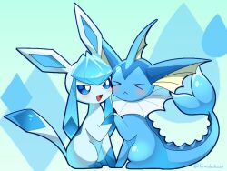  >_< animal_focus blue_eyes blush commentary_request diamond_(shape) fins frown glaceon hamidashicat head_fins no_humans open_mouth pokemon pokemon_(creature) pokemon_focus sidelocks sitting twitter_username vaporeon water_drop 