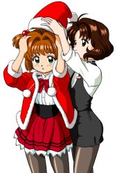  2girls arms_up bandabekken black_skirt black_vest bow bowtie bronze_parrot brown_eyes brown_hair cardcaptor_sakura christmas closed_mouth cowboy_shot cummerbund dressing dressing_another fur-trimmed_headwear fur-trimmed_jacket fur_trim green_eyes hair_bobbles hair_intakes hair_ornament hat jacket kinomoto_sakura miniskirt multiple_girls open_clothes open_jacket pantyhose parted_lips pencil_skirt pleated_skirt pom_pom_(clothes) red_bow red_bowtie red_hat red_jacket red_skirt santa_hat sasaki_rika shirt short_hair simple_background skirt smile two_side_up vest waitress white_background white_shirt 