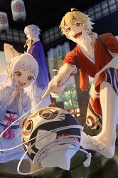  1girl 2boys :d ahoge alternate_hairstyle architecture barefoot black_headband blonde_hair blue_eyes blue_hair blue_haori blue_kimono blunt_bangs blunt_tresses blurry blurry_background blush braid brother_and_sister calligraphy_brush closed_mouth commentary_request earrings east_asian_architecture eyelashes feet genshin_impact green_eyes hair_over_shoulder hand_up hands_up haori headband highres holding holding_calligraphy_brush holding_paintbrush holding_paper indoors japanese_clothes jewelry kamisato_ayaka kamisato_ayato kimono kneeling lantern light_particles long_hair long_sleeves low_ponytail mole mole_under_eye muji-muji_daruma_(genshin_impact) multiple_boys obi obiage obijime open_mouth outstretched_arm own_hands_together paintbrush paper paper_lantern ponytail print_kimono profile railing red_kimono sash shokun_2 siblings sidelocks smile smirk snowflake_print spinning_top standing stud_earrings tassel tasuki teeth thoma_(genshin_impact) toes tree upper_teeth_only white_sash wide_sleeves wooden_railing 